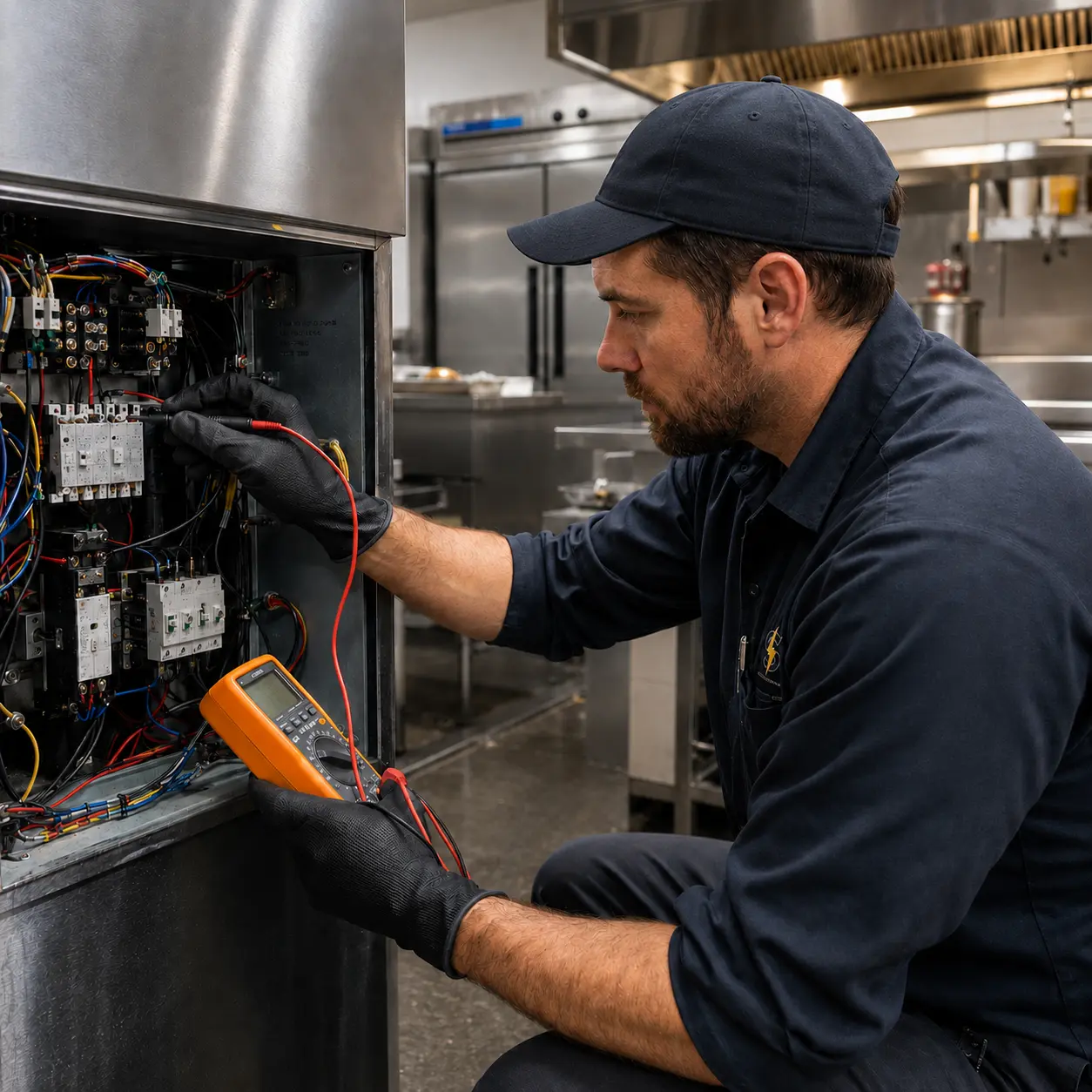 Emergency commercial electrician tracing a fault at a panel in a Brampton business