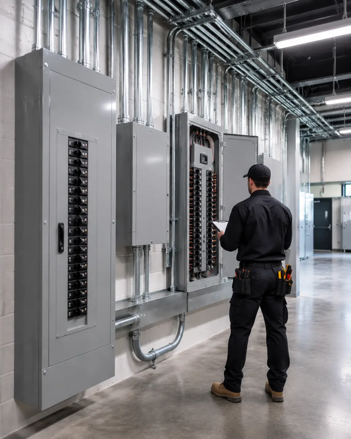 Industrial electrician servicing motor control equipment at a Brampton manufacturing plant