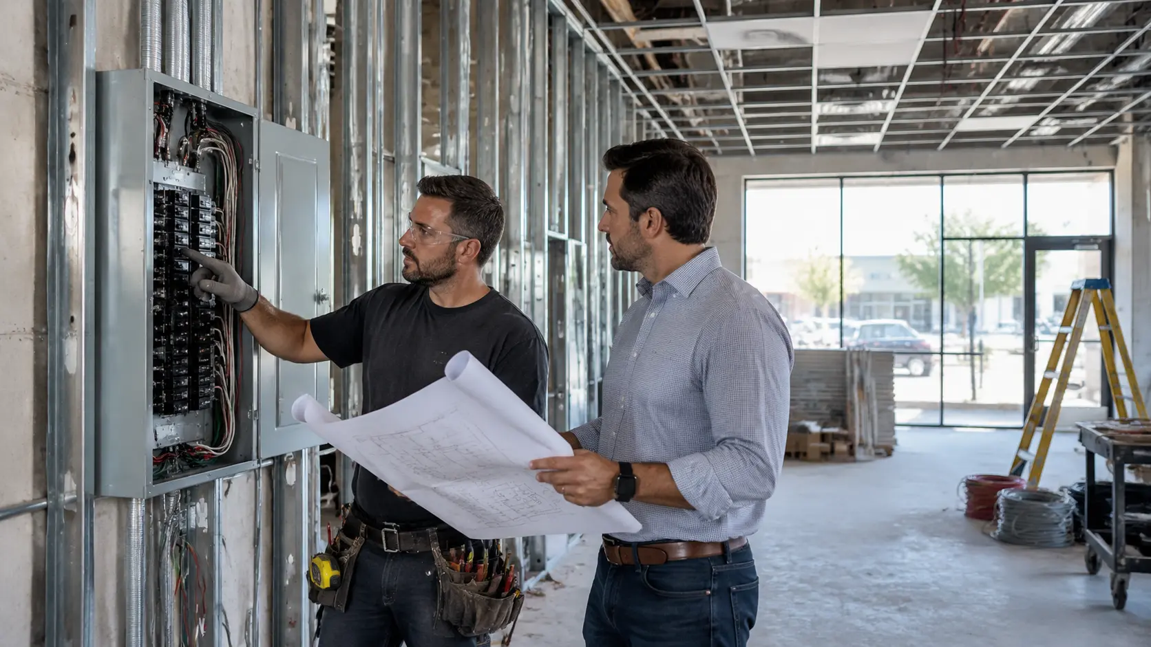Electrical subcontractor working alongside other trades on a Brampton commercial renovation